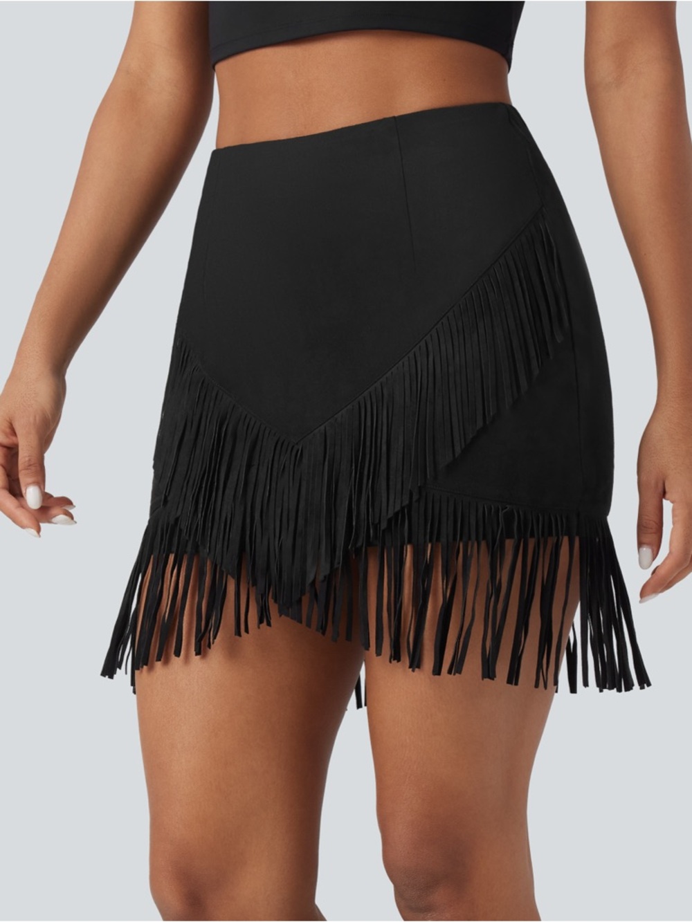 Halara Boho Fringe Skort Faux Suede Mini Skirt 2-in-1 Western Black M - Picture 3 of 7